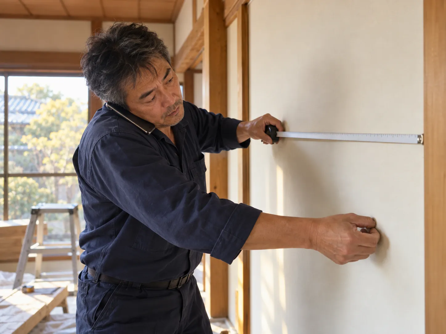 メジャーで壁を測りながら電話で話す職人