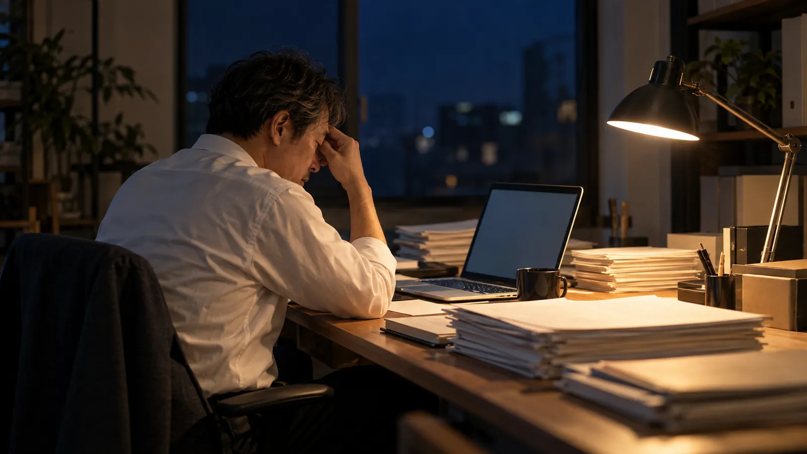 夜の事務所で書類に向かう社長（イメージ）