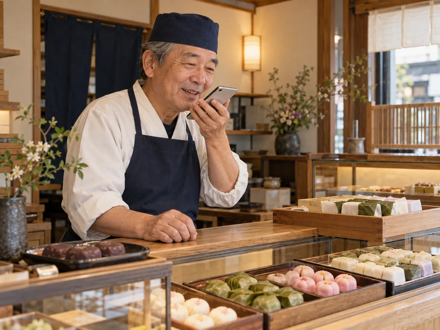 下町の店主がスマホに話しかける場面（イメージ）