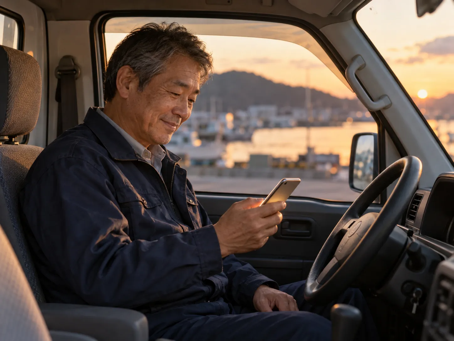 軽トラックの運転席でスマホを見てほっとする社長（イメージ）
